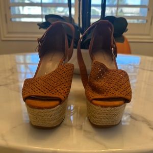 Brown Wedge Sandals with Ankle Strap and Peep-Toe